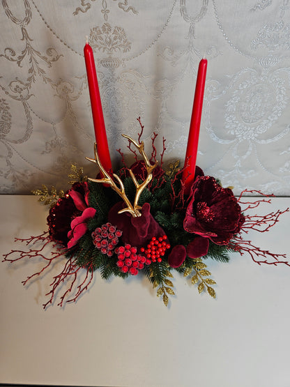 Weihnachtsdekor + Adventsgesteck + eine Elchfigur, Kamingesteck, Chrismes, Rehe, Weihnachtsdeko Weihnachtsblumen Tischdekor, Tischgesteck, Winterdekor,Advent Weihnachtsdekoration Geschenkidee Purpur rot grün