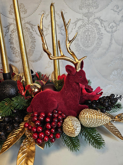 Advent Gesteck + 4 Kerzen, Tischdekor, Tischgesteck, Winterdekor, Adventdekoration rot gold schwarz