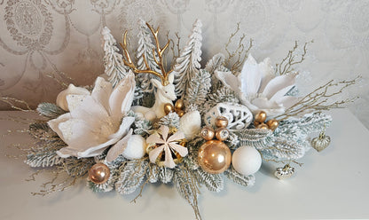 Weihnachtsgirlande + Adventsgesteck + eine Elchfigur, Kamingesteck, Chrismes, Rehe, Weihnachtsdeko Weihnachtsblumen Tischdekor, Tischgesteck, Winterdekor,Advent Weihnachtsdekoration Geschenkideen verschneite zweige weiß gold