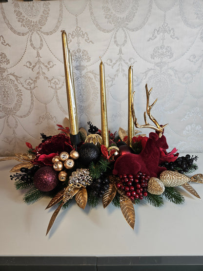 Advent Gesteck + 4 Kerzen, Tischdekor, Tischgesteck, Winterdekor, Adventdekoration rot gold schwarz