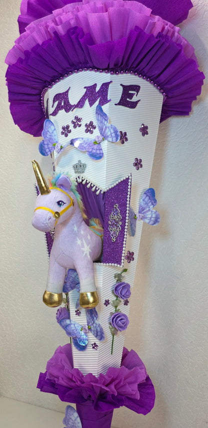 SCHULTÜTE ZUCKERTÜTE EINHORN für MÄDCHEN EINSCHULUNG in lila weiß