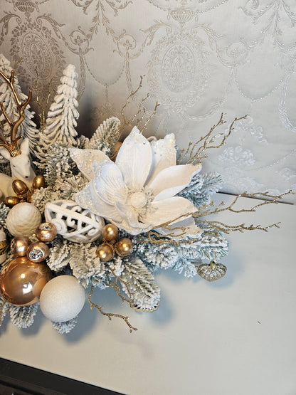 Weihnachtsgirlande + Adventsgesteck + eine Elchfigur, Kamingesteck, Chrismes, Rehe, Weihnachtsdeko Weihnachtsblumen Tischdekor, Tischgesteck, Winterdekor,Advent Weihnachtsdekoration Geschenkideen verschneite zweige weiß gold