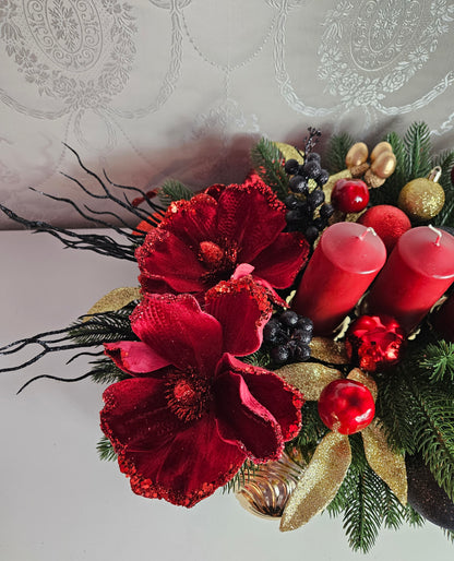 Weihnachtsgirlande + Adventsgesteck + 4 Kerzen, Kamingesteck, Chrismes, Rehe, Weihnachtsdeko Weihnachtsblumen Tischdekor, Tischgesteck, Winterdekor,Advent Weihnachtsdekoration Geschenkideen grün schwarz rot gold