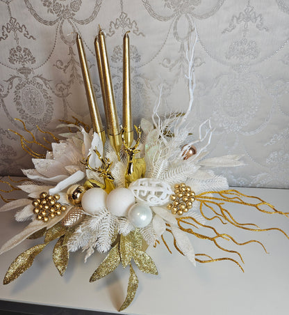 Weihnachtsgesteck + 4 Kerzen + 2 Rehe/Hirsche, Geschenk, Tischdekor, Tischgesteck, Winterdekor,Advent weiss gold