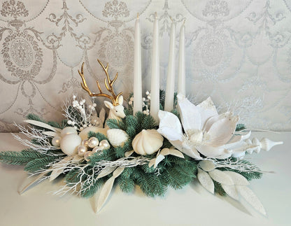 Weihnachtsgesteck + Adventsgesteck + 4 Kerzen, Kamingesteck, Chrismes, Rehe, Weihnachtsdeko Weihnachtsblumen Tischdekor, Tischgesteck, Winterdekor,Advent