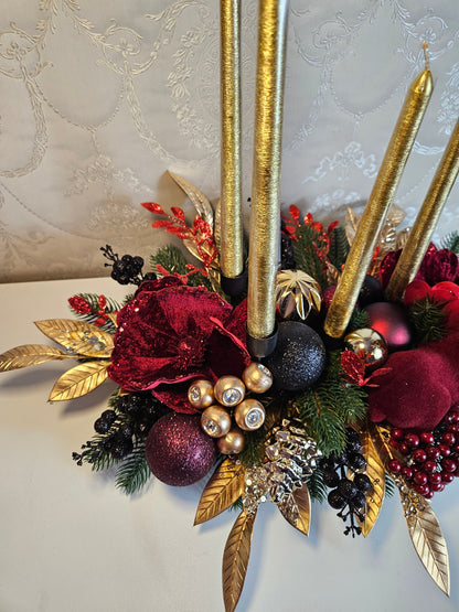 Advent Gesteck + 4 Kerzen, Tischdekor, Tischgesteck, Winterdekor, Adventdekoration rot gold schwarz