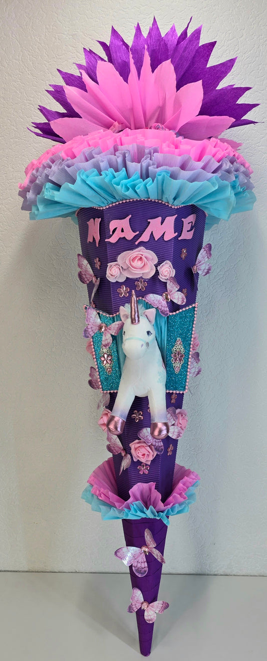 SCHULTÜTE ZUCKERTÜTE EINHORN für MÄDCHEN EINSCHULUNG in lila türkis rosa violett