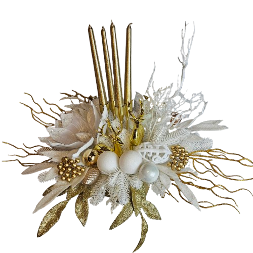 Weihnachtsgesteck + 4 Kerzen + 2 Rehe/Hirsche, Geschenk, Tischdekor, Tischgesteck, Winterdekor,Advent weiss gold