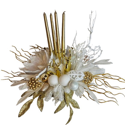 Weihnachtsgesteck + 4 Kerzen + 2 Rehe/Hirsche, Geschenk, Tischdekor, Tischgesteck, Winterdekor,Advent weiss gold